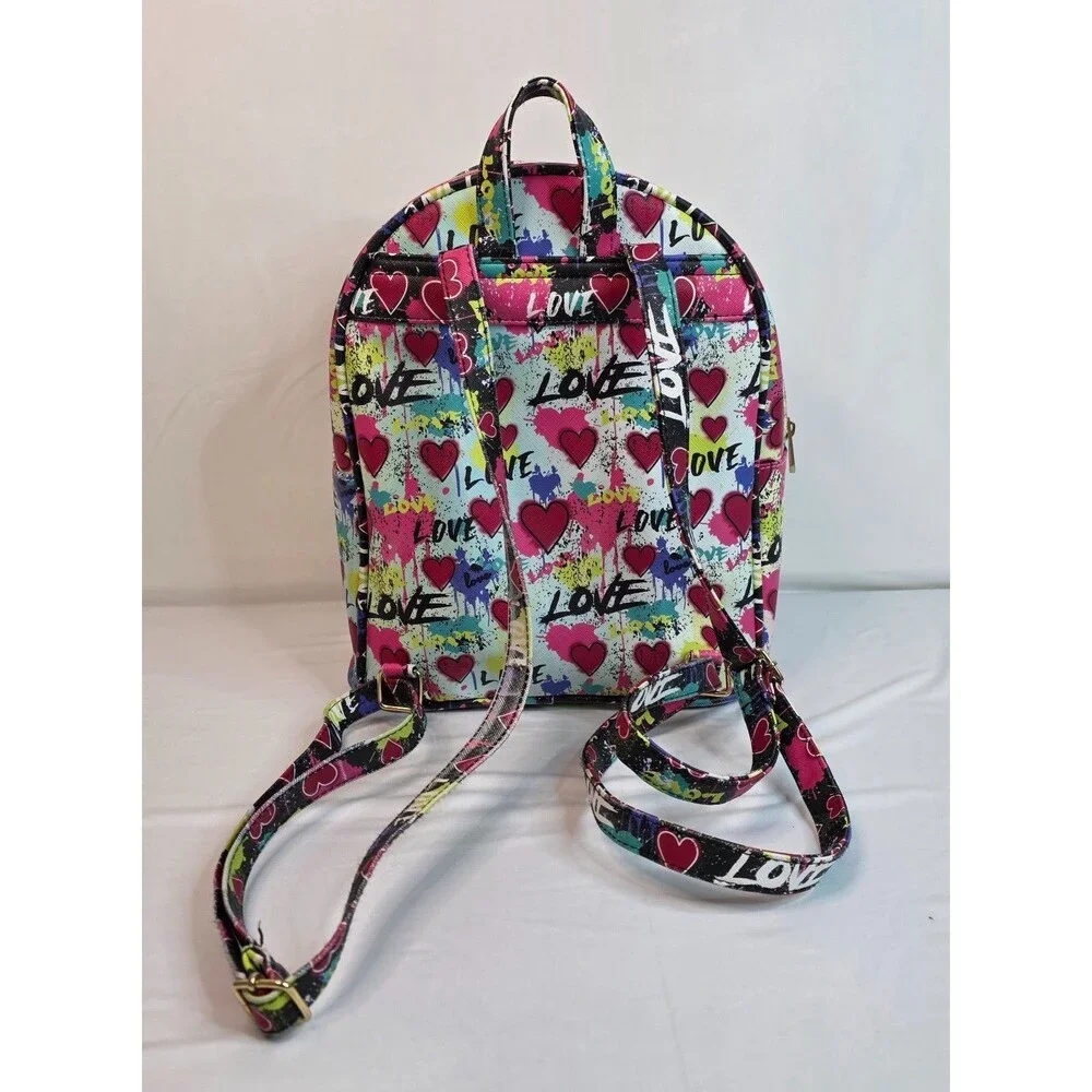 Under One Sky Love Heart Mini Backpack & Matching Zip Pouch Pink Graffiti Bag